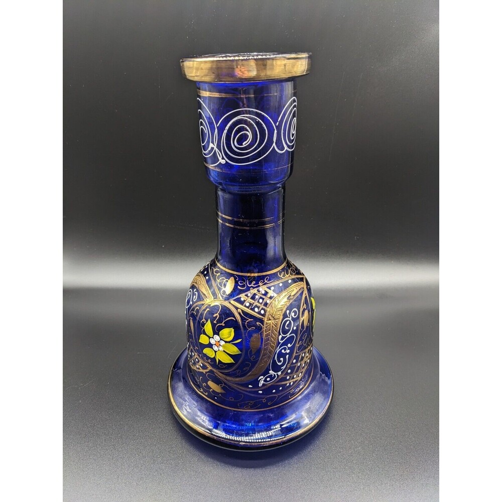 Vintage Persian Cobalt Blue Glass Decanter Vase 11.5 " Handpainted EUC